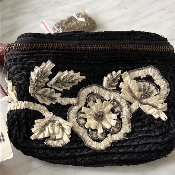Anthropologie JULES Black and Cream Beaded Belted Bag Purse - Picture 4 of 9